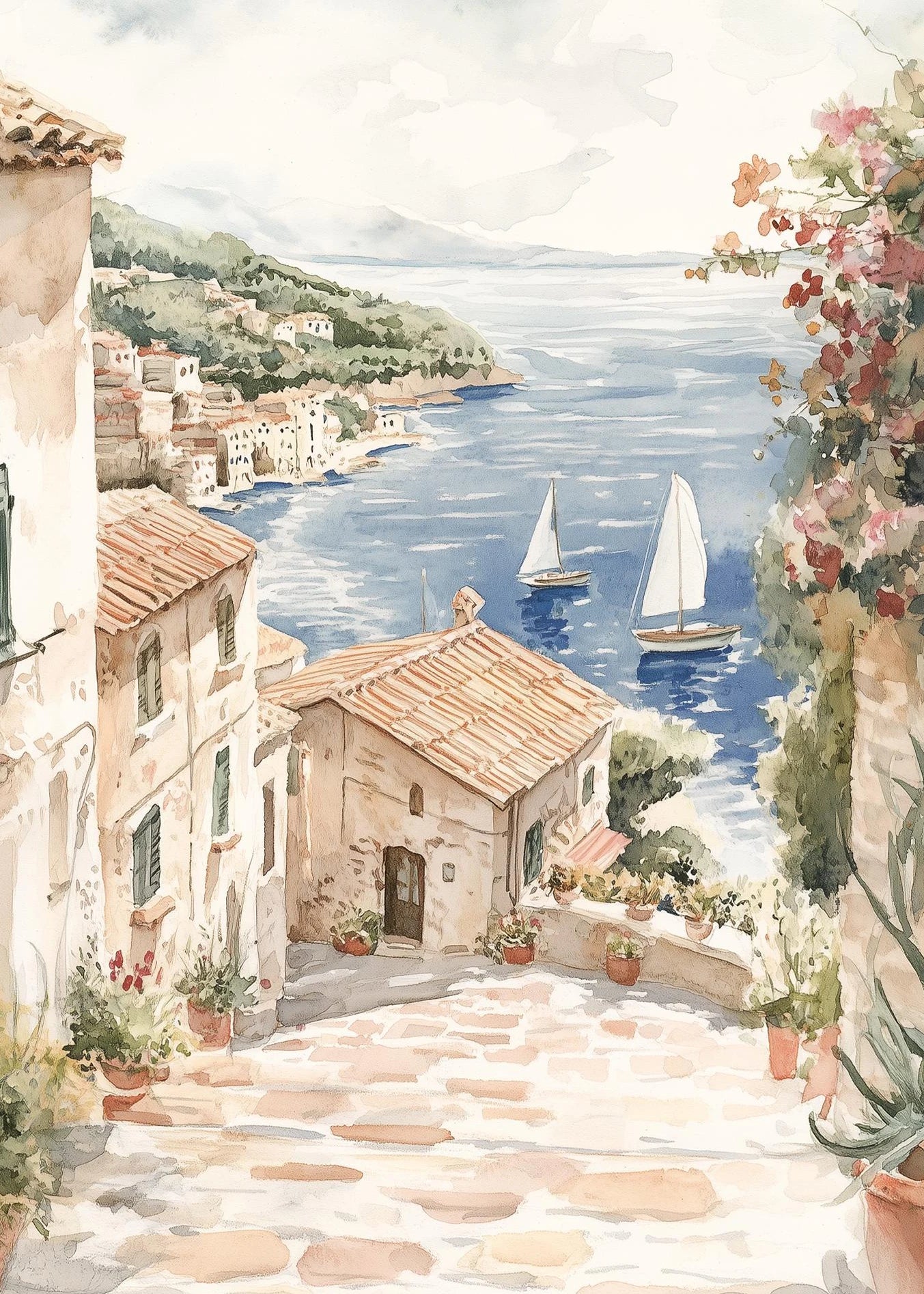 Italy Mediterranean  Santorini Coastal Boat Door Village Greece Canvas Painting Poster Print Wall Art for Living Room Home Decor