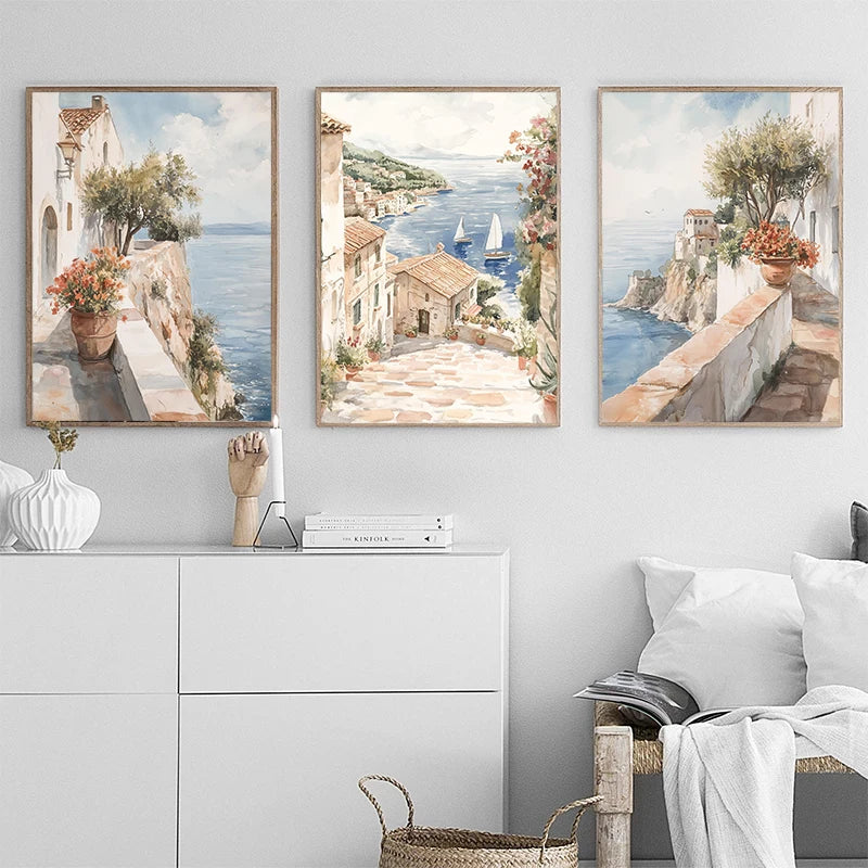 Italy Mediterranean  Santorini Coastal Boat Door Village Greece Canvas Painting Poster Print Wall Art for Living Room Home Decor