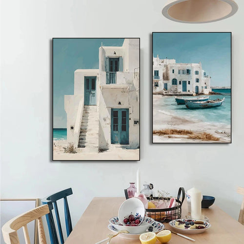 Italy Mediterranean  Santorini Coastal Boat Door Village Greece Canvas Painting Poster Print Wall Art for Living Room Home Decor