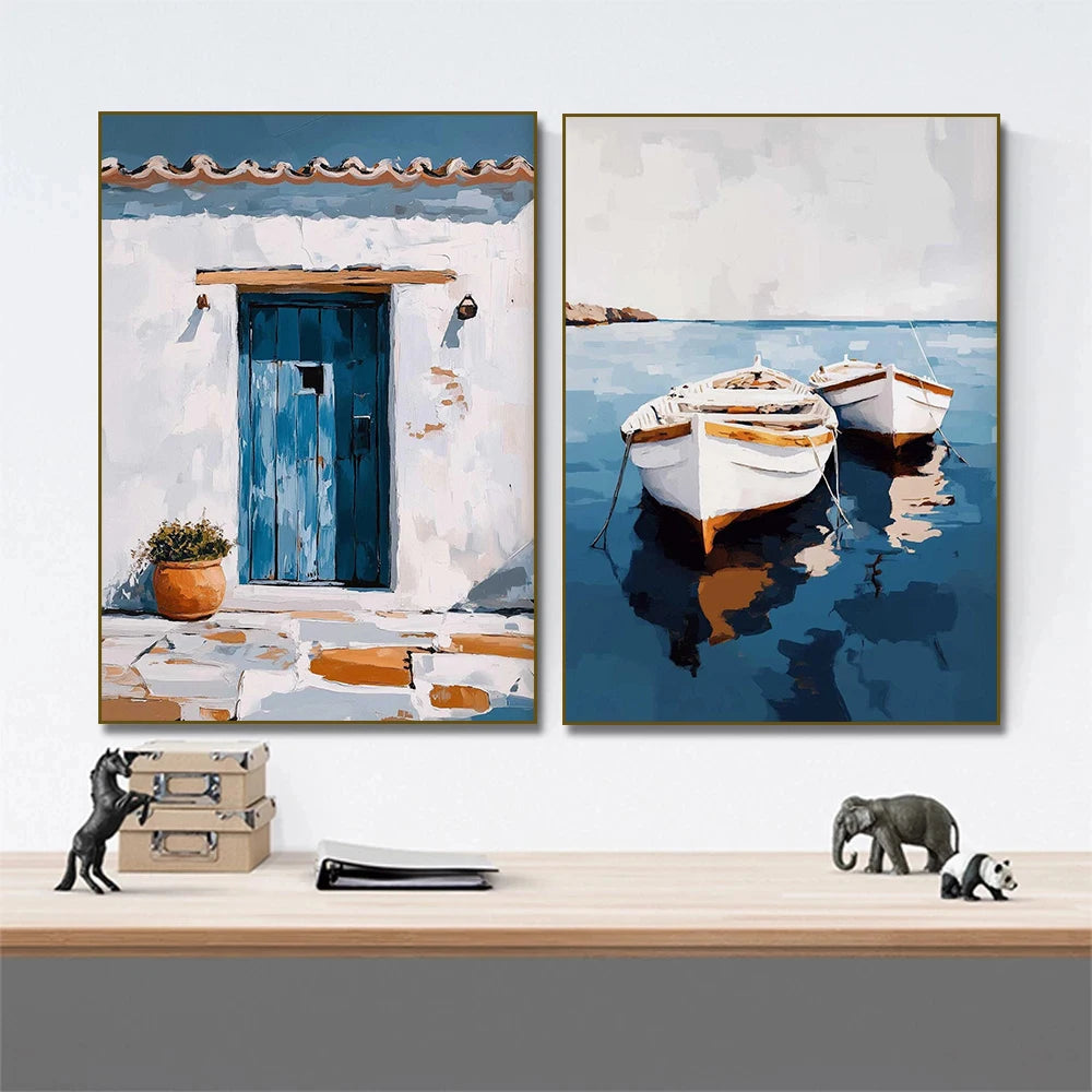 Italy Mediterranean  Santorini Coastal Boat Door Village Greece Canvas Painting Poster Print Wall Art for Living Room Home Decor