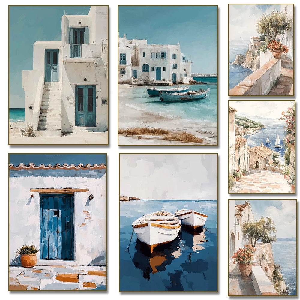 Italy Mediterranean  Santorini Coastal Boat Door Village Greece Canvas Painting Poster Print Wall Art for Living Room Home Decor